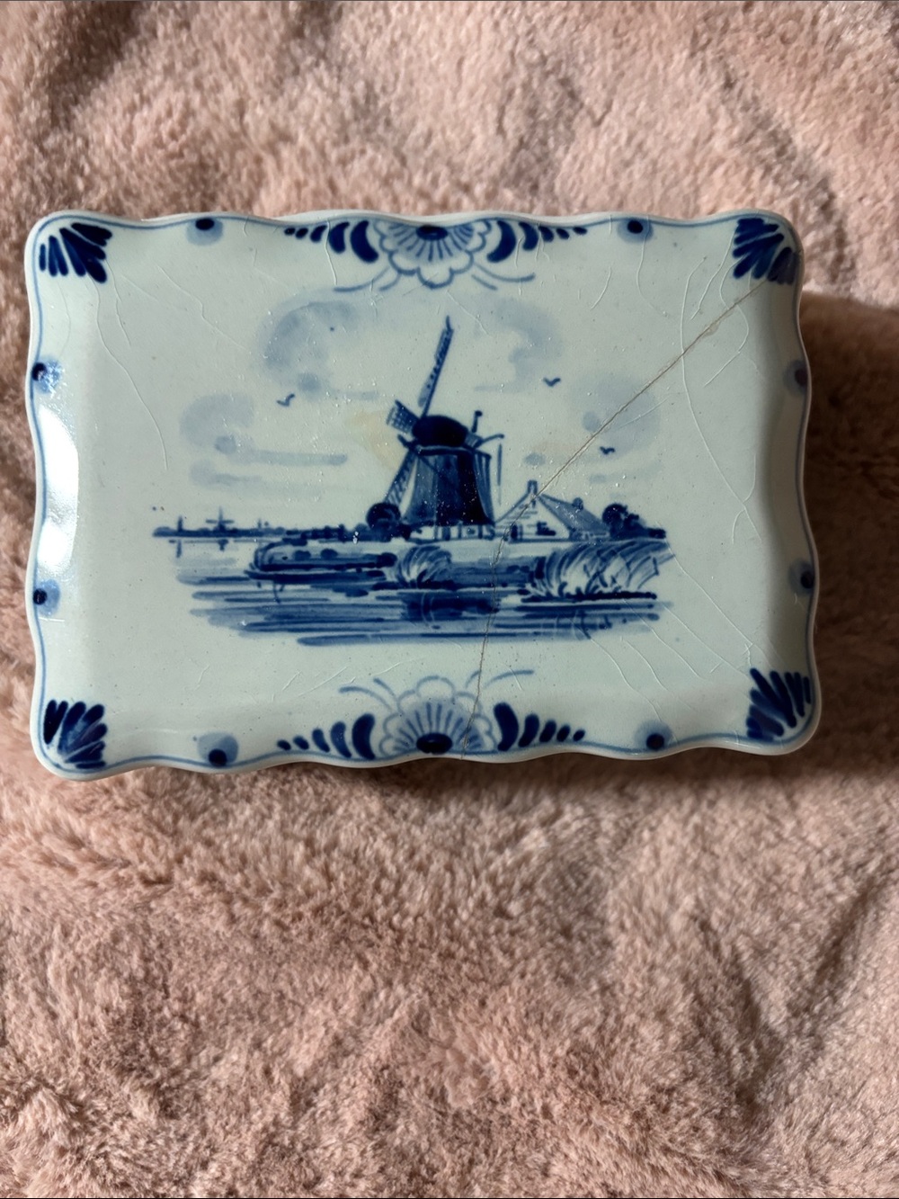 Blue and White Delft Trinket Box with Windmill Motif